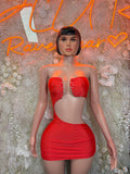 Red strapless mini dress with sequined sweetheart bodice and fitted draped skirt