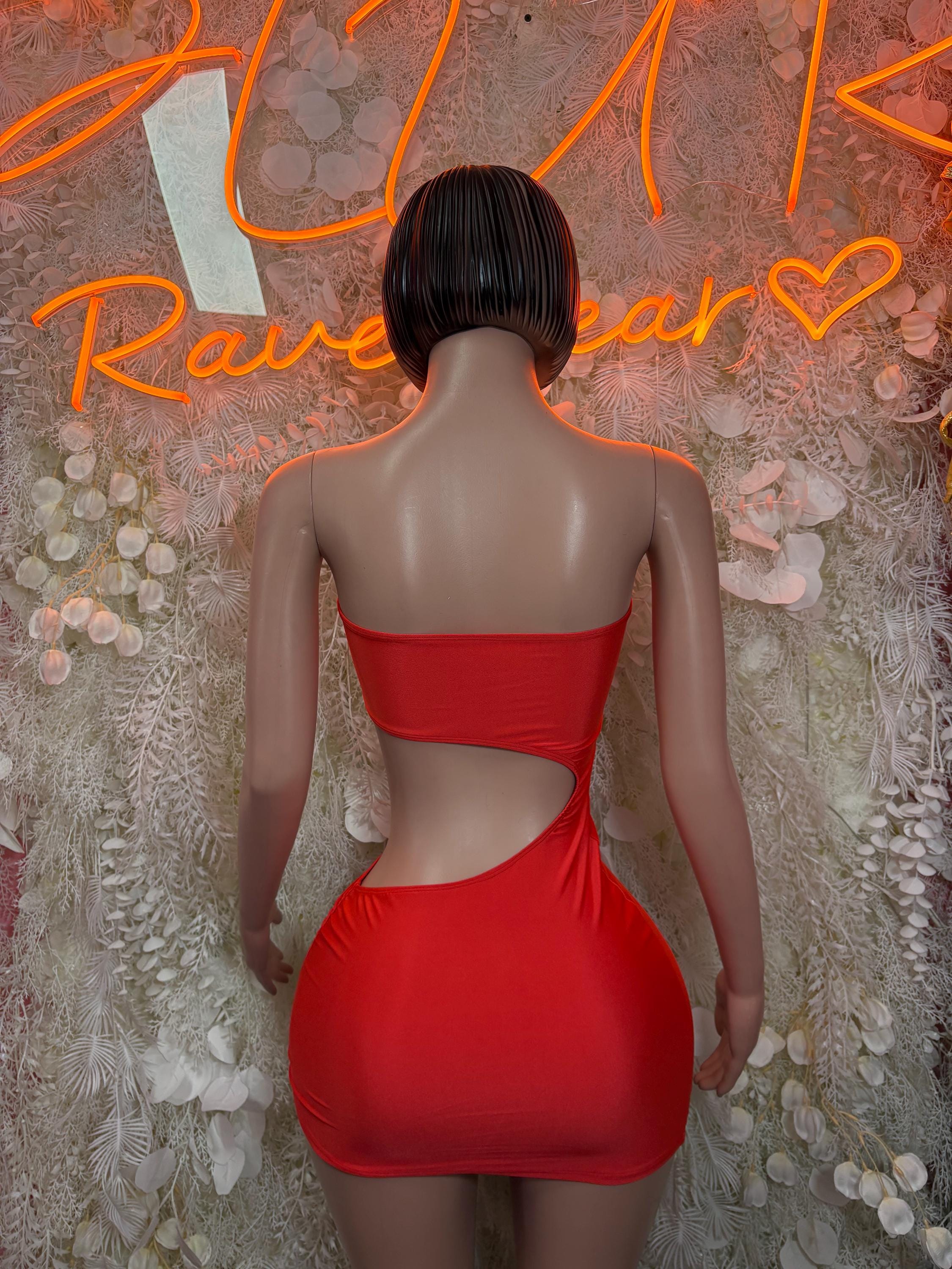 Red strapless mini dress, open-back style with draped fitted skirt