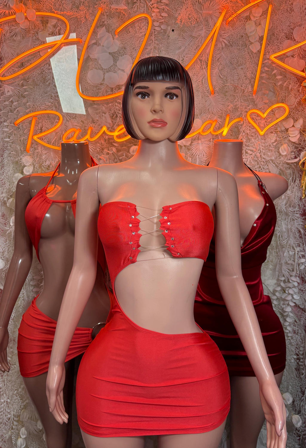 Red mini dress with sequined bustier top and ruched draped skirt