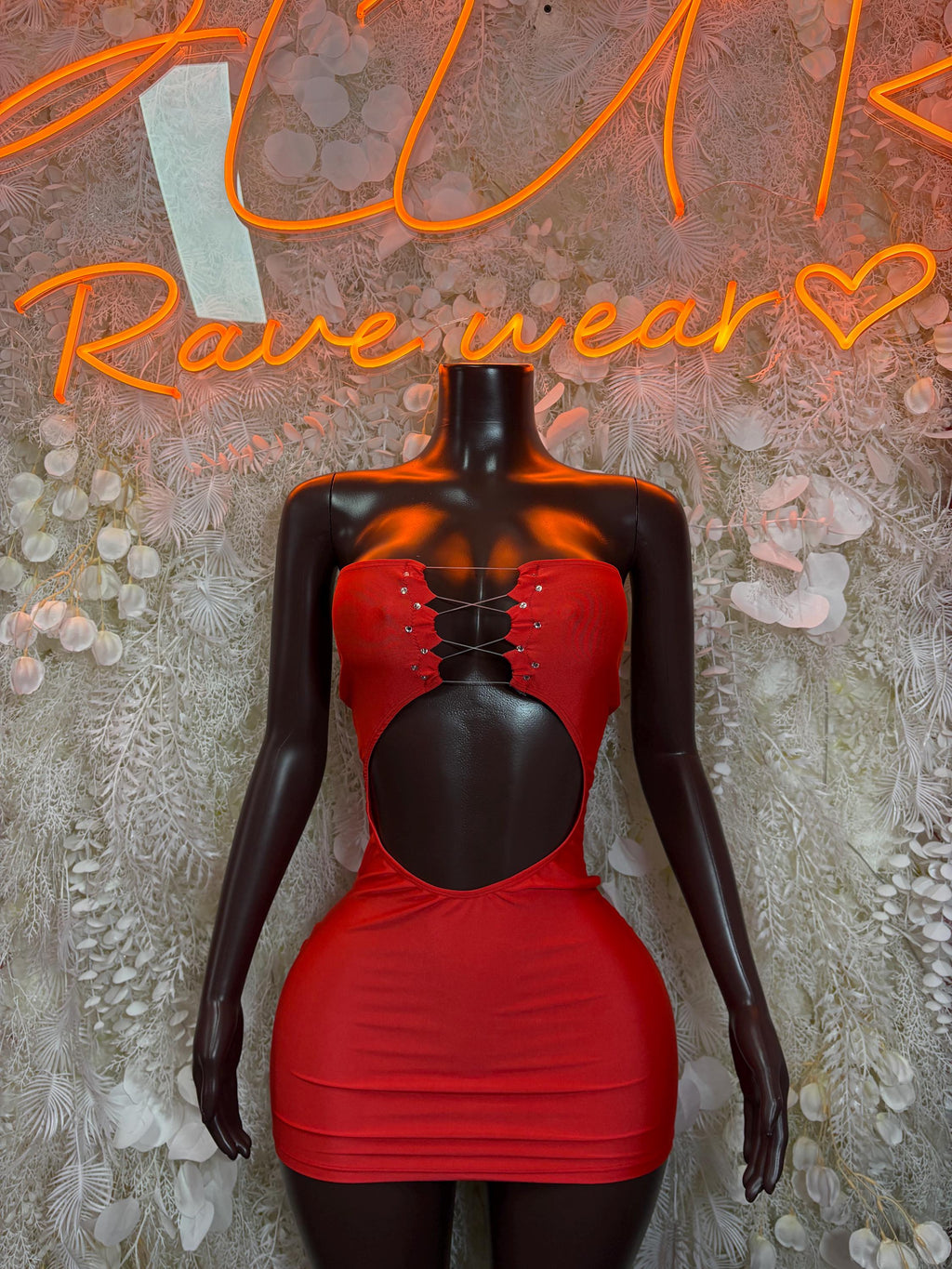 Red strapless mini dress with sweetheart neckline and lace-up corset front