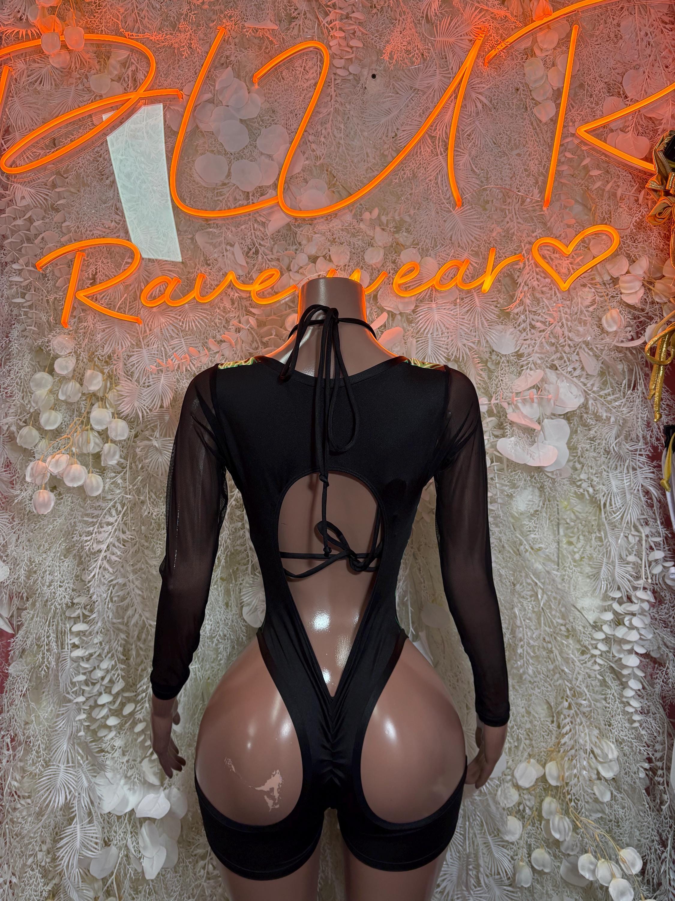 Black long-sleeve one-piece bodysuit with lace-up neckline and deep plunge front