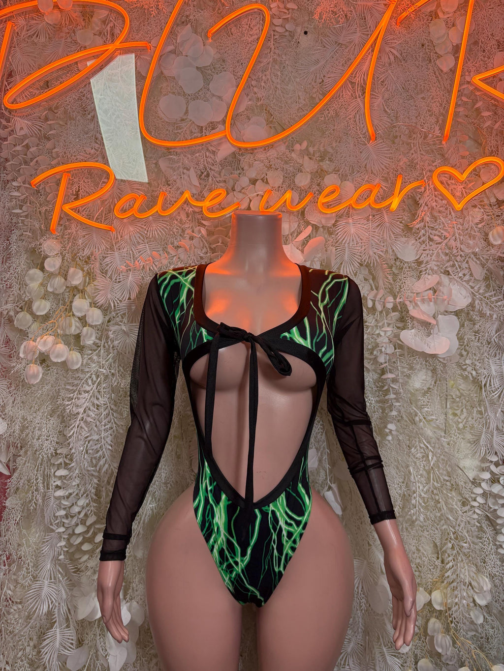 Rave bodysuit, black with green lightning print, long sleeves, open back and bow