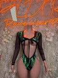 Rave bodysuit, black with green lightning print, long sleeves, open back and bow