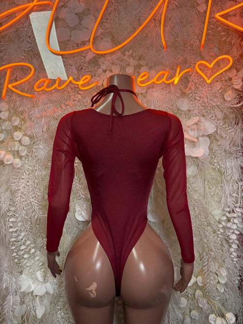 Burgundy sheer long-sleeve bodysuit with back keyhole and high-leg coverage