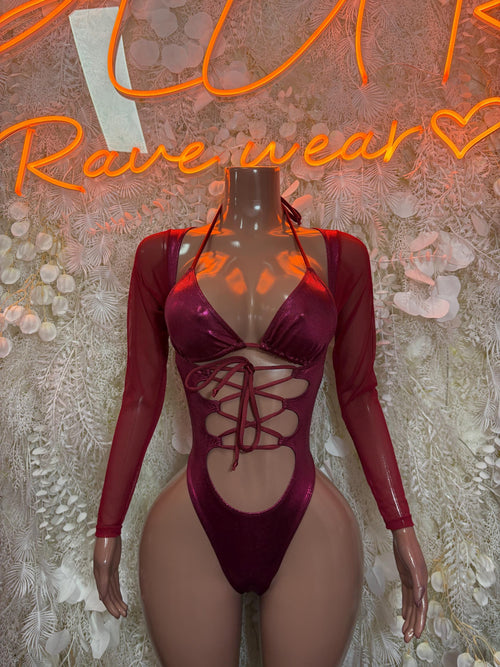 Burgundy lace-up one-piece bodysuit with long sheer sleeves and deep V neckline