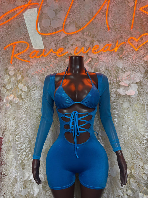 Royal blue metallic bodysuit with long sleeves, lace-up cutout front and shorts