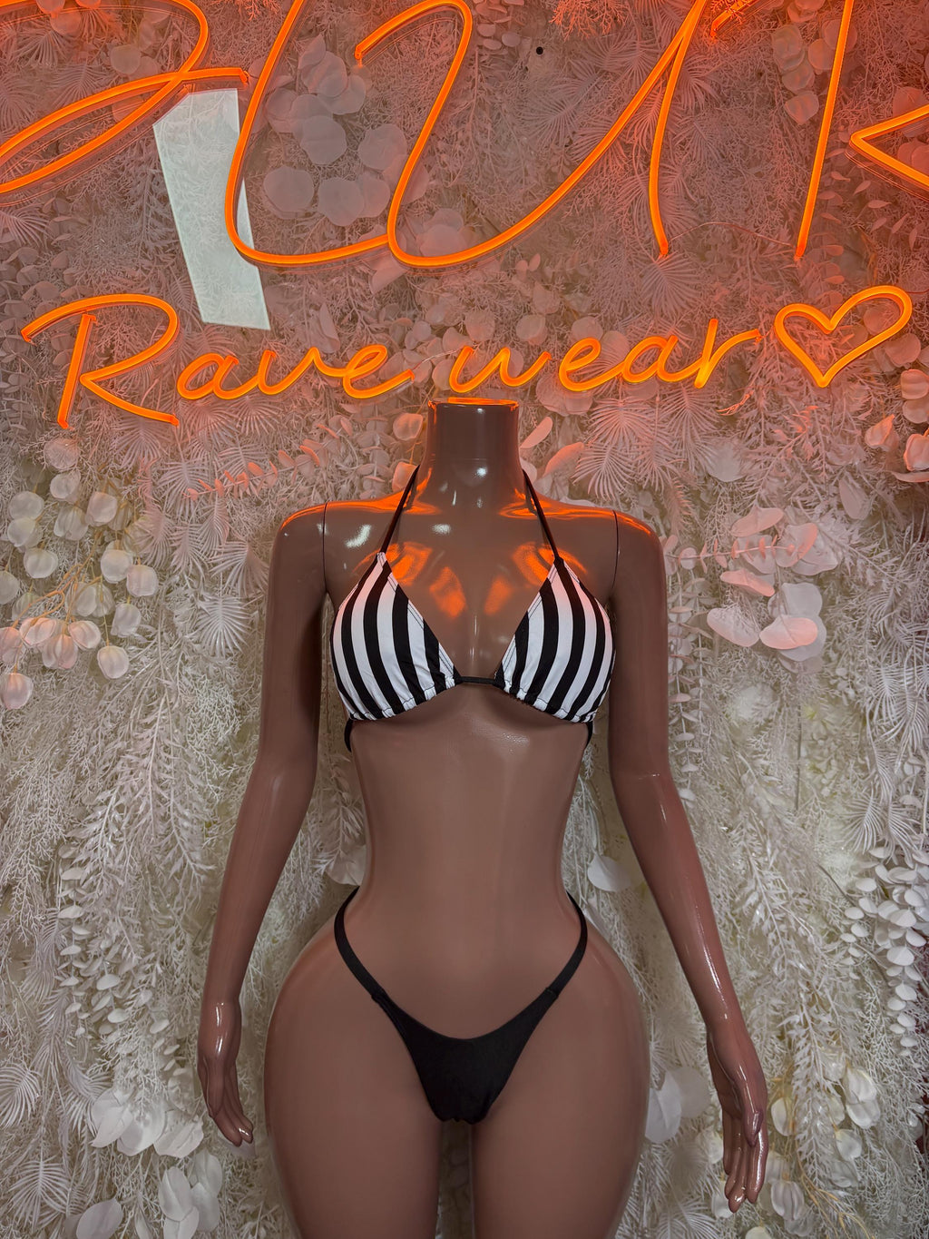 Referee-style striped bikini lingerie set with black triangle bottoms