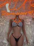 Referee-style striped bikini lingerie set with black triangle bottoms