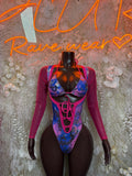 Metallic pink and blue rave bodysuit with front lacing, long sleeves