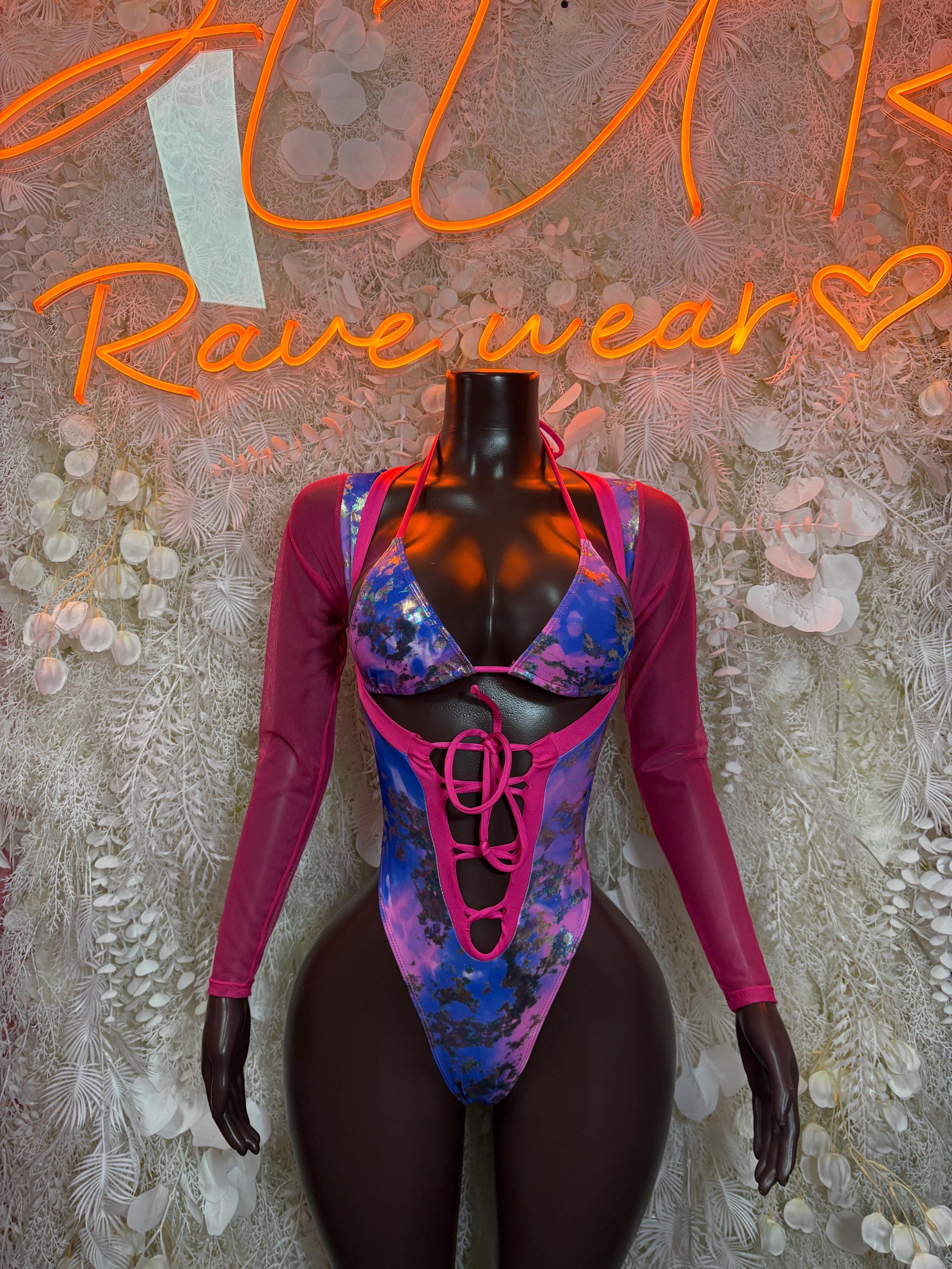 Metallic pink and blue rave bodysuit with front lacing, long sleeves