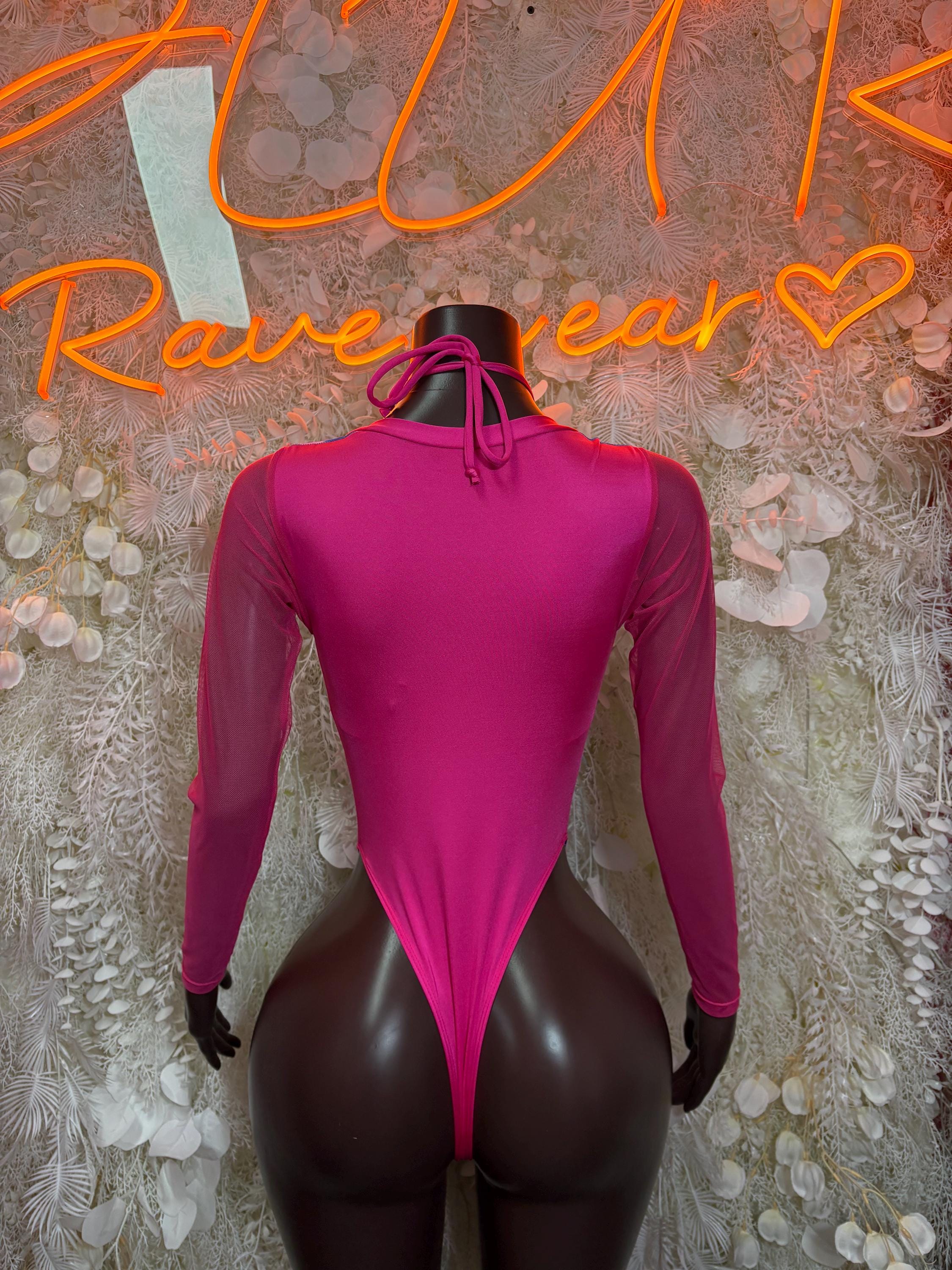 Magenta long-sleeve bodysuit with high neck tie, back view thong cut