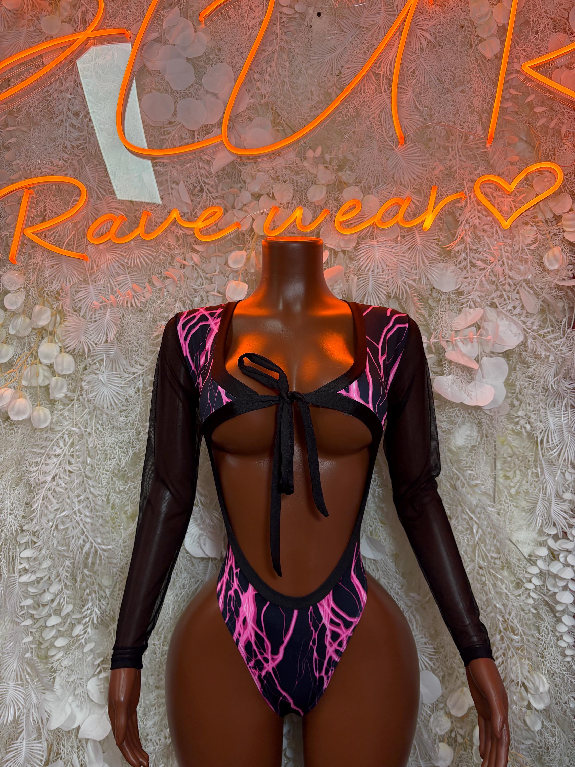 Black long-sleeve bodysuit with open back, purple lightning accents and bow front