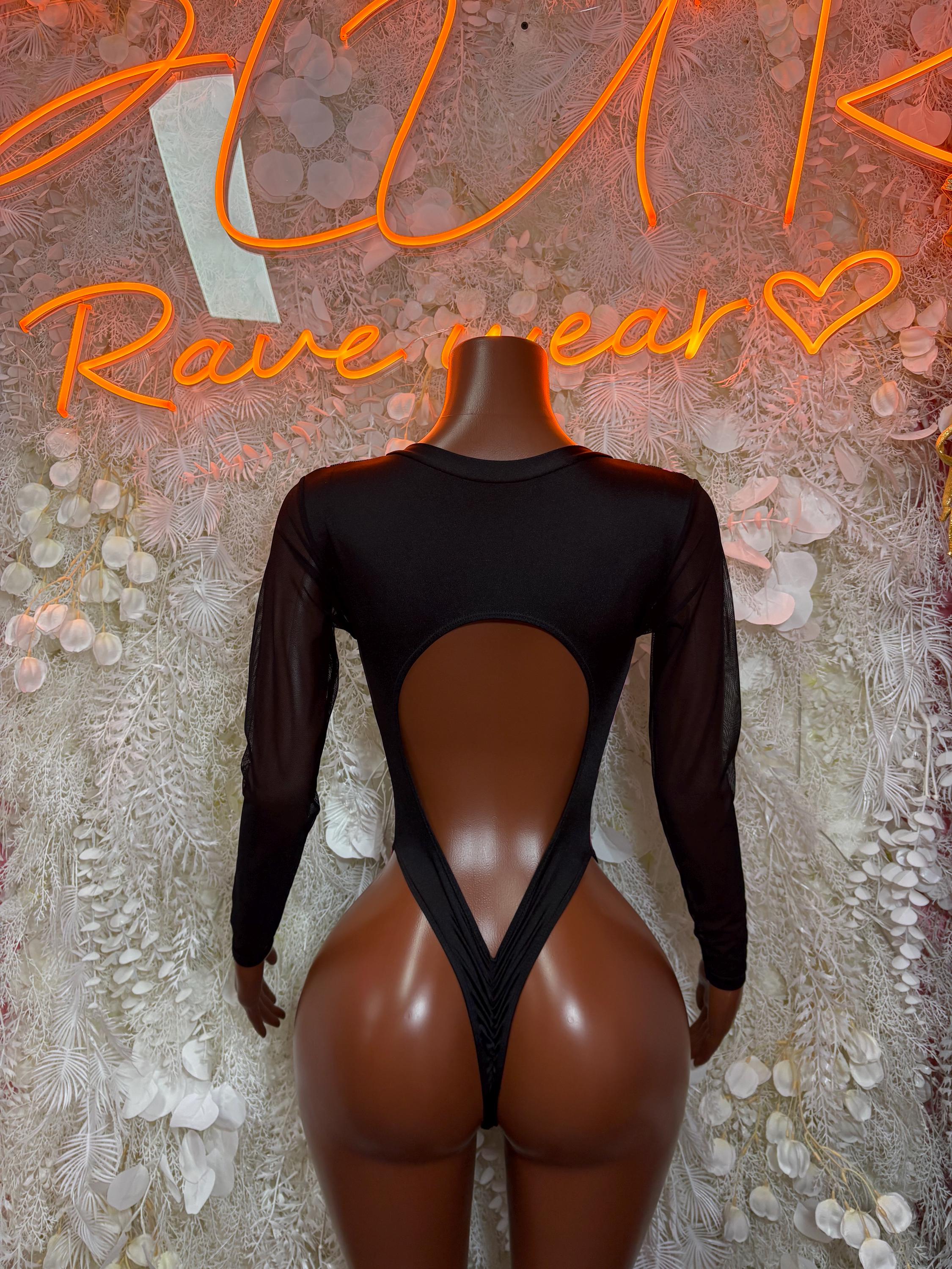 Black long-sleeve bodysuit with open back cutout and crisscross strap detail