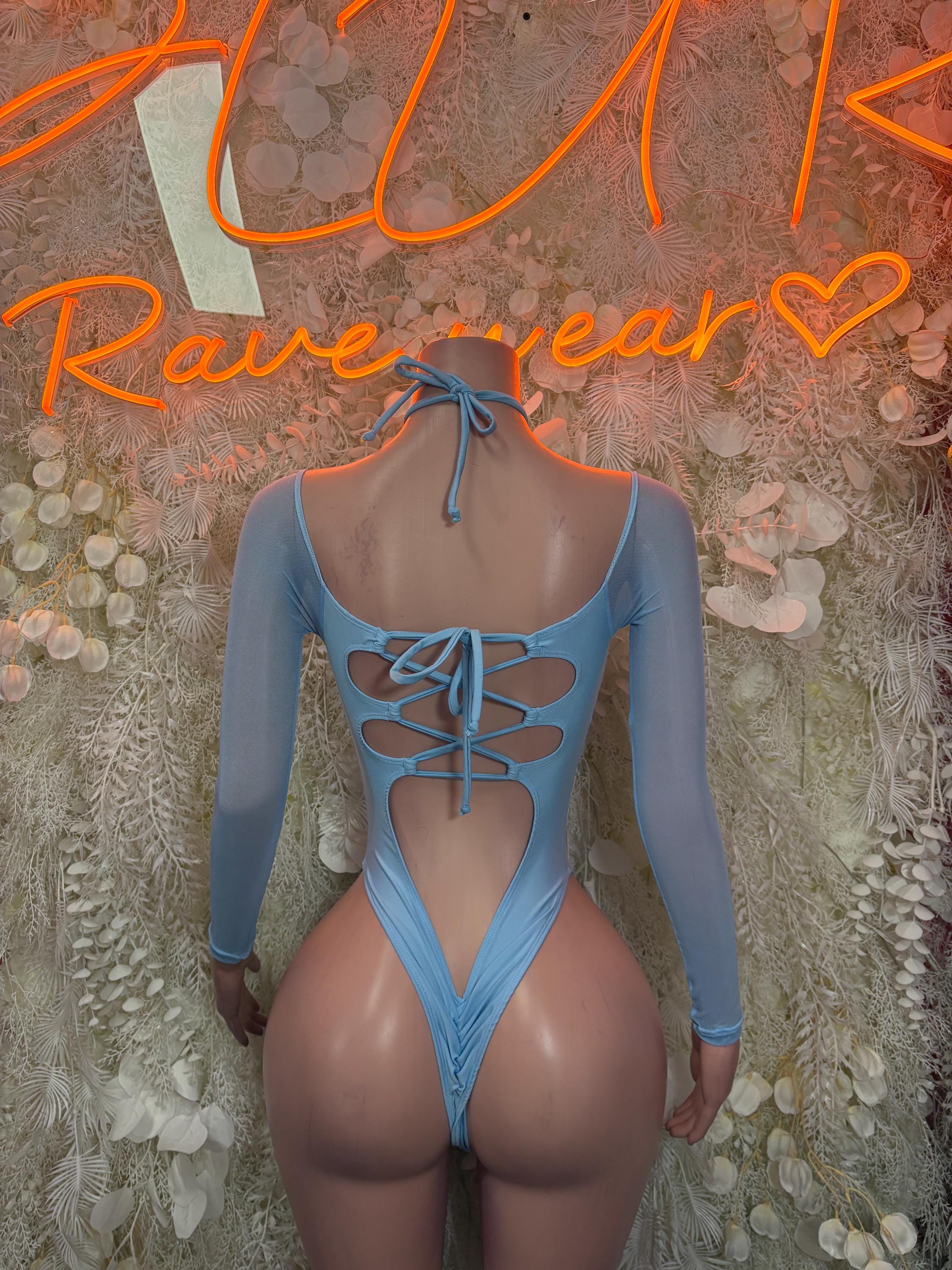 Light blue long-sleeve bodysuit with crisscross lace-up tie at center back