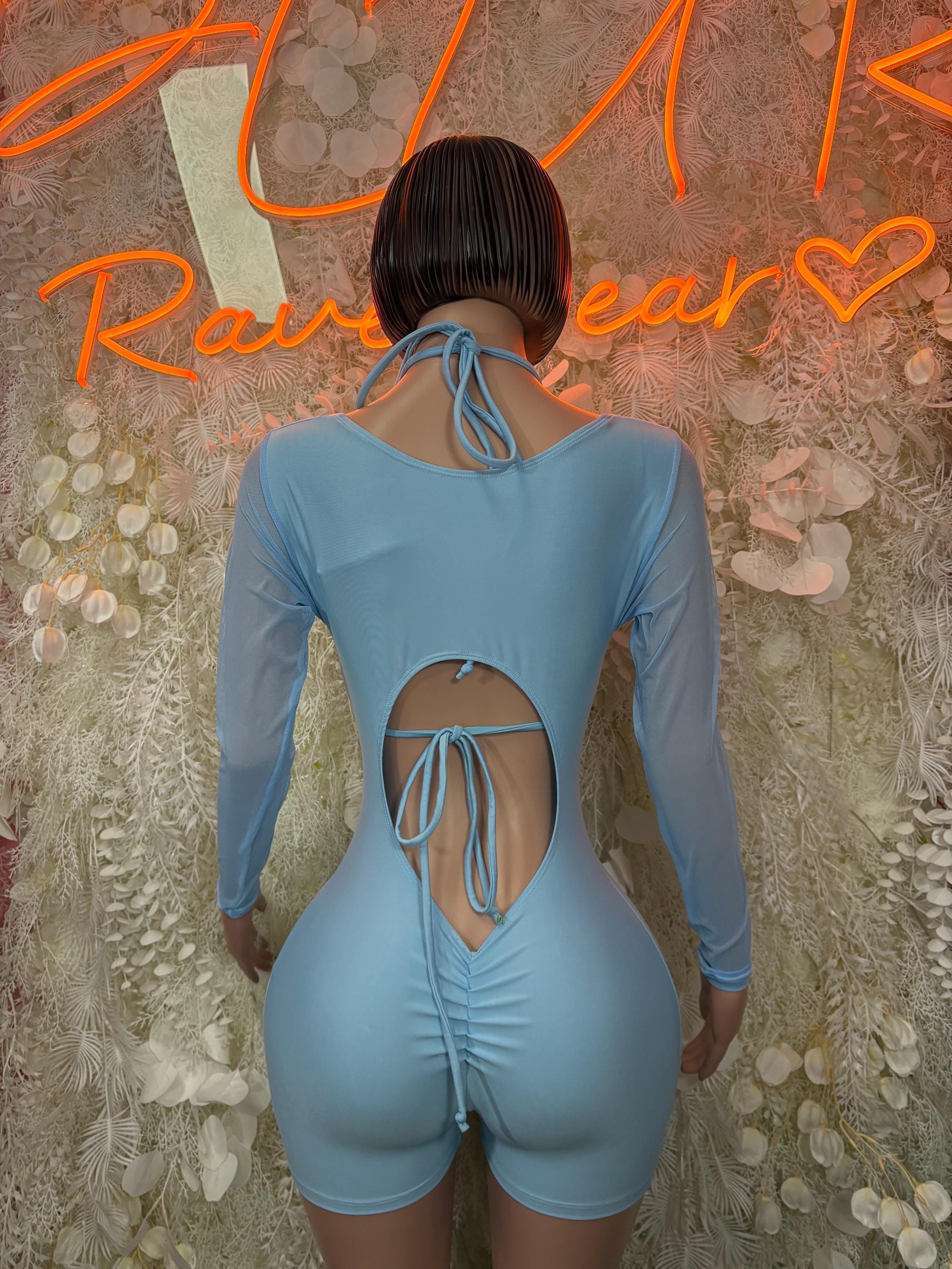 Baby blue one-piece bodysuit, back view, long sleeves and center lace-up