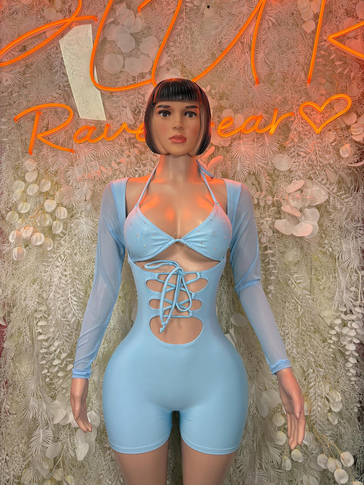 Bottlegirl light blue one-piece bodysuit with long sleeves and lace-up front