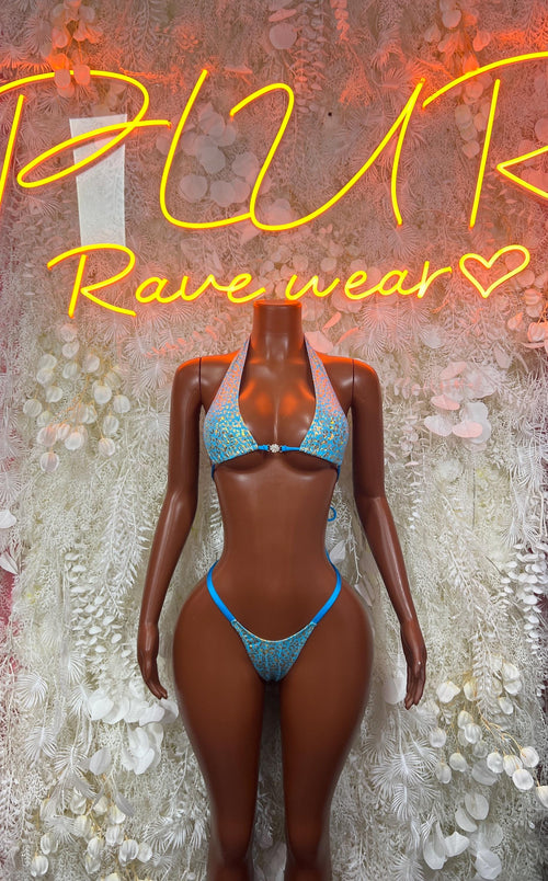 Aqua patterned rave bikini set with triangle top and matching tie-side bottom