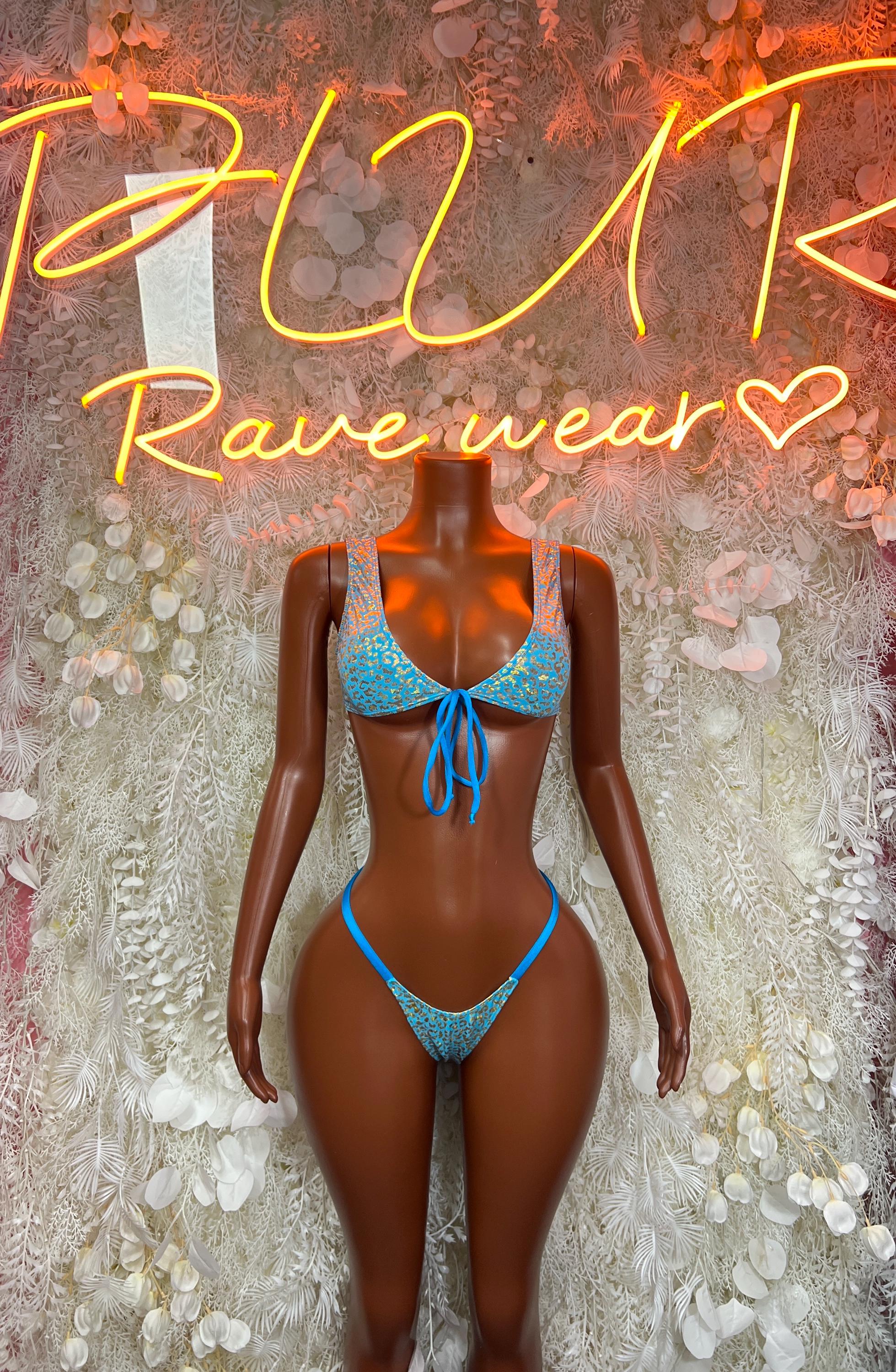 Two-piece glitter bikini set with tie-front top and matching thong bottoms