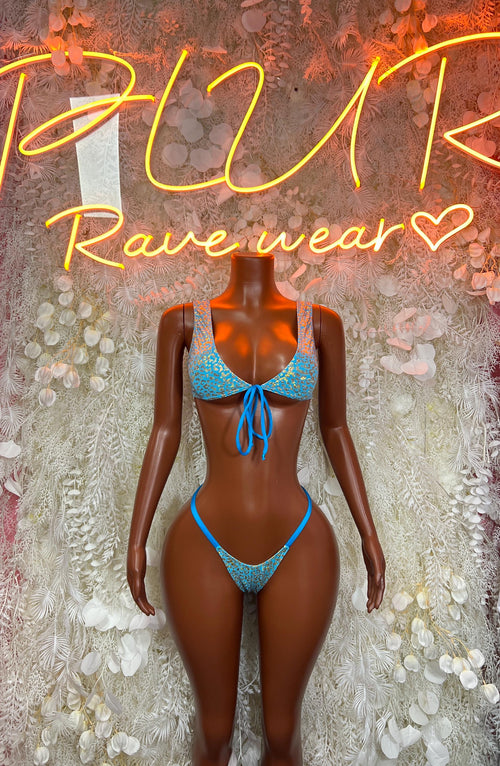 Two-piece glitter bikini set with tie-front top and matching thong bottoms