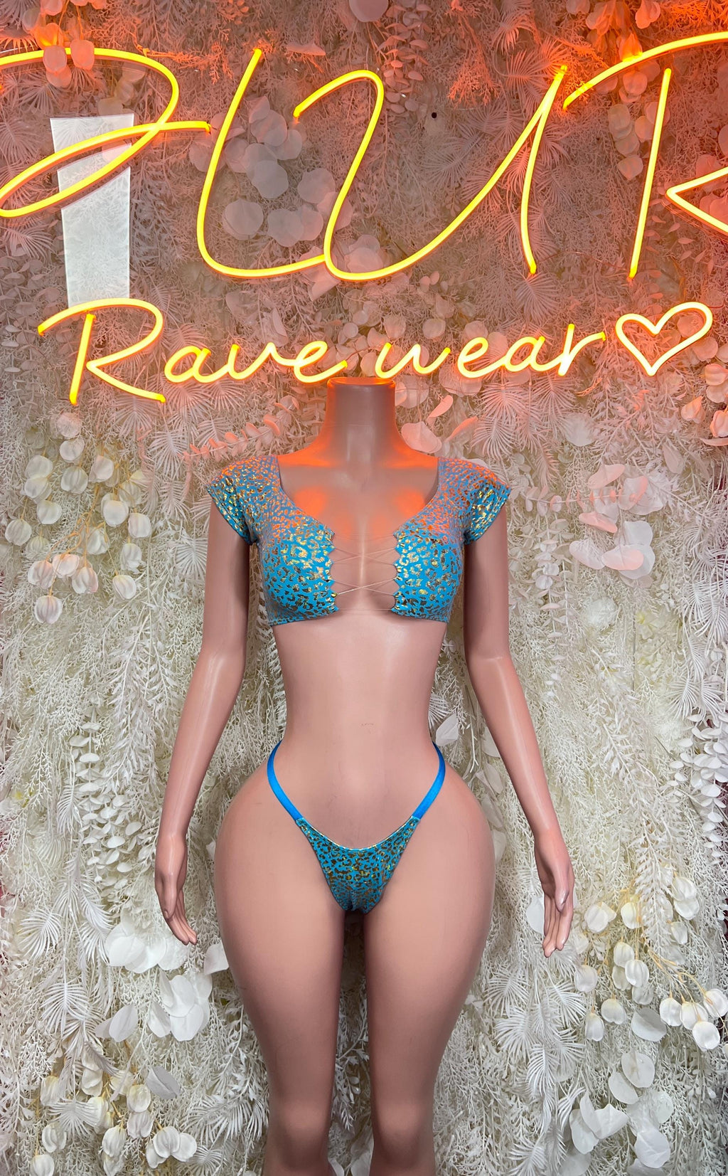 Teal glitter two-piece outfit with braided back straps and matching thong bottoms