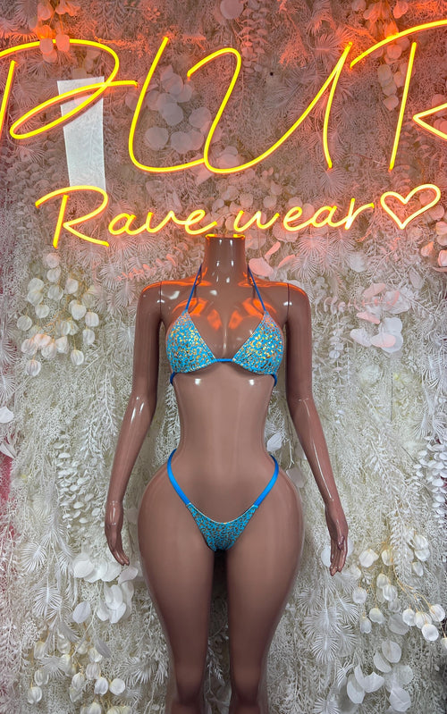 Aqua blue glitter two-piece bikini set with halter bra and matching bikini bottoms