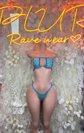 Turquoise patterned bikini set with bandeau top and tied string cheeky bottoms