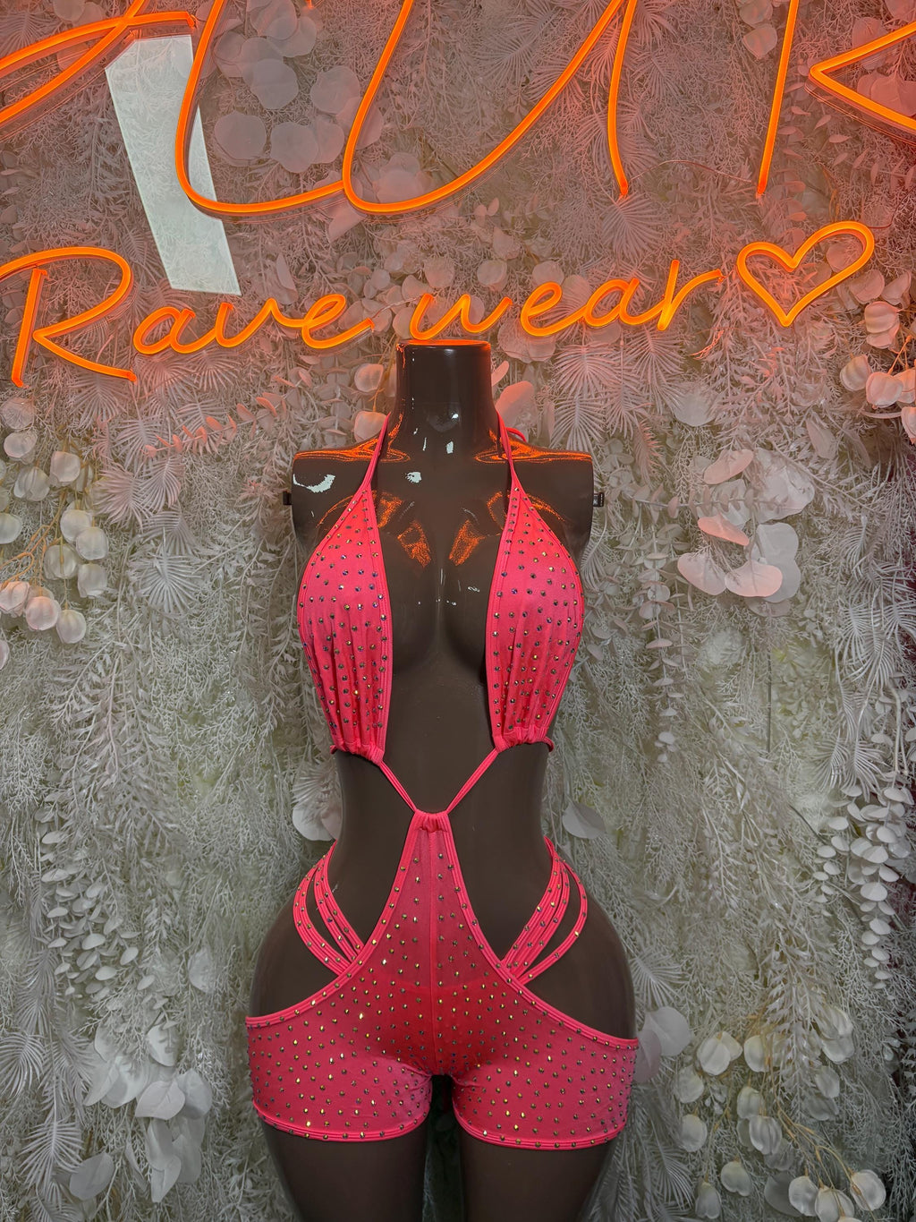 Coral rhinestone mesh rave bodysuit with cutout straps and matching shorts