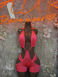 Coral rhinestone mesh rave bodysuit with cutout straps and matching shorts