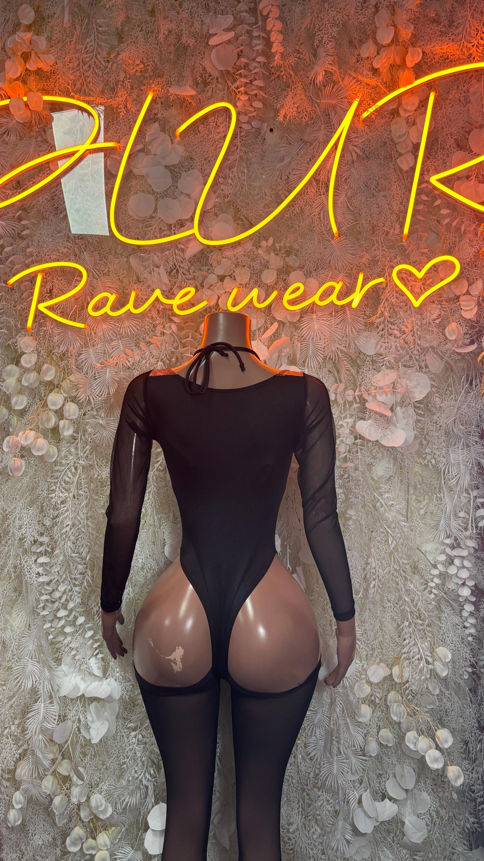 Black long-sleeve bodysuit with high neck and cheeky hip cutouts