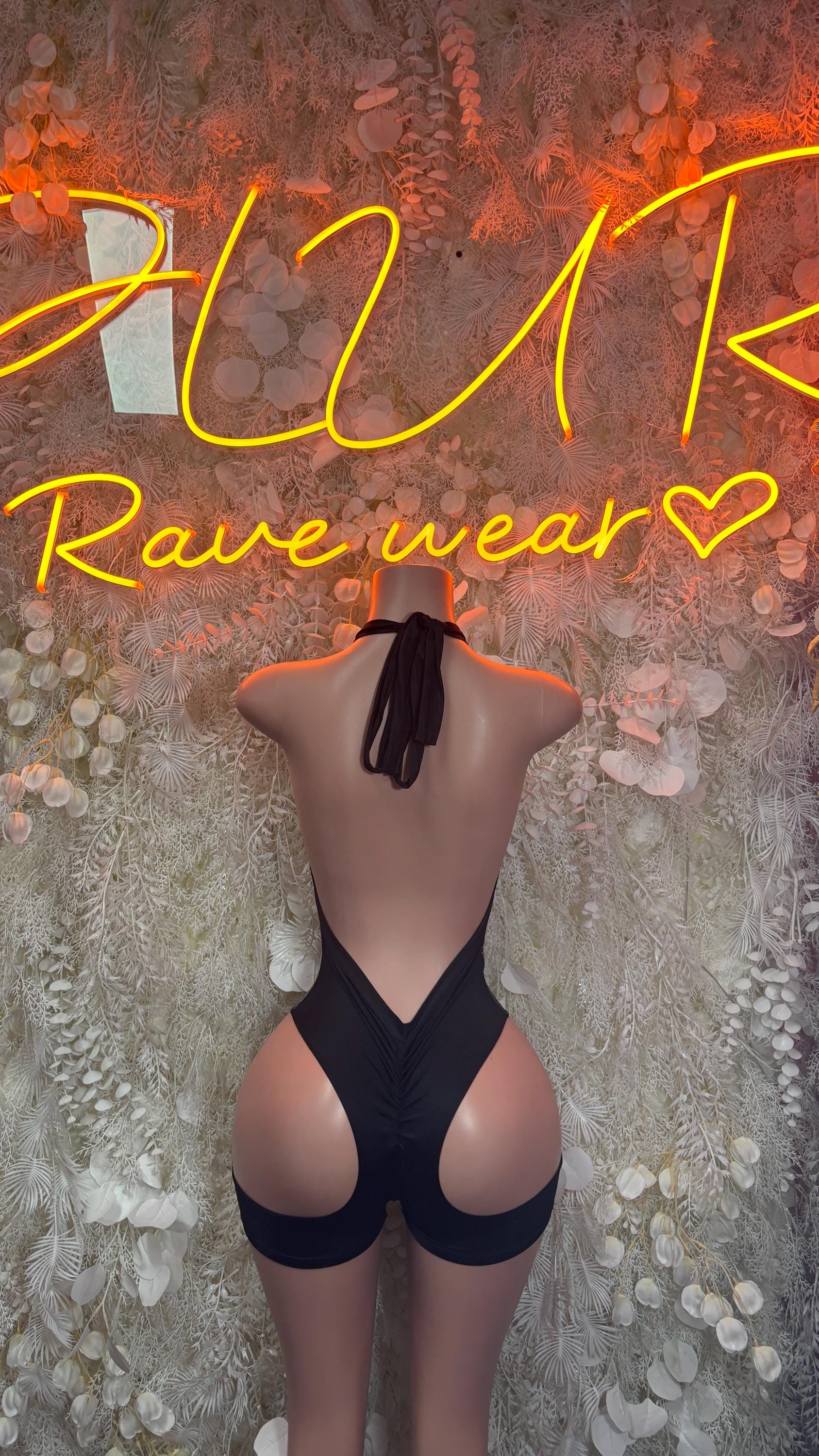 Metallic black bodysuit with strappy open back and crisscross lace closure
