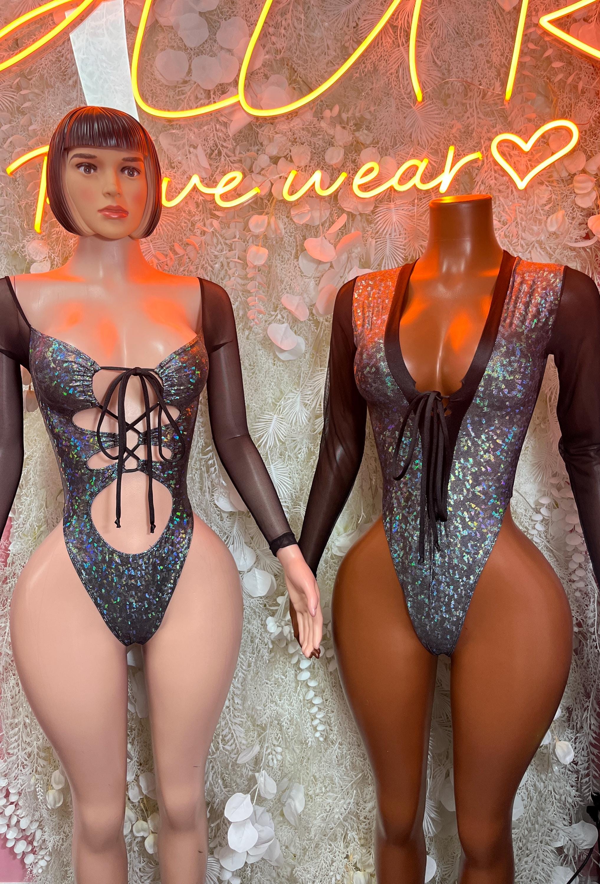 Metallic dark bodysuit, front and back with lace-up details and long sheer sleeves