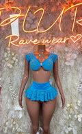 Blue lace mini skirt set with ruffle peplum top and matching mini skirt