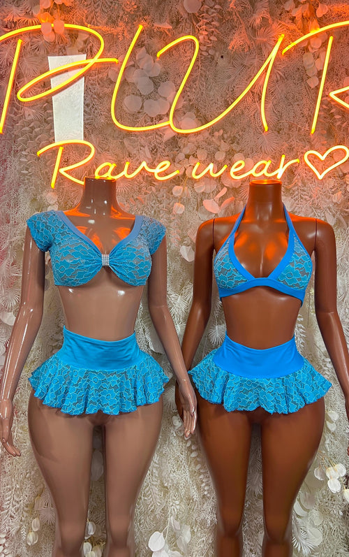 Blue lace mini skirt set shown on two models, ruffle peplum top and mini skirt