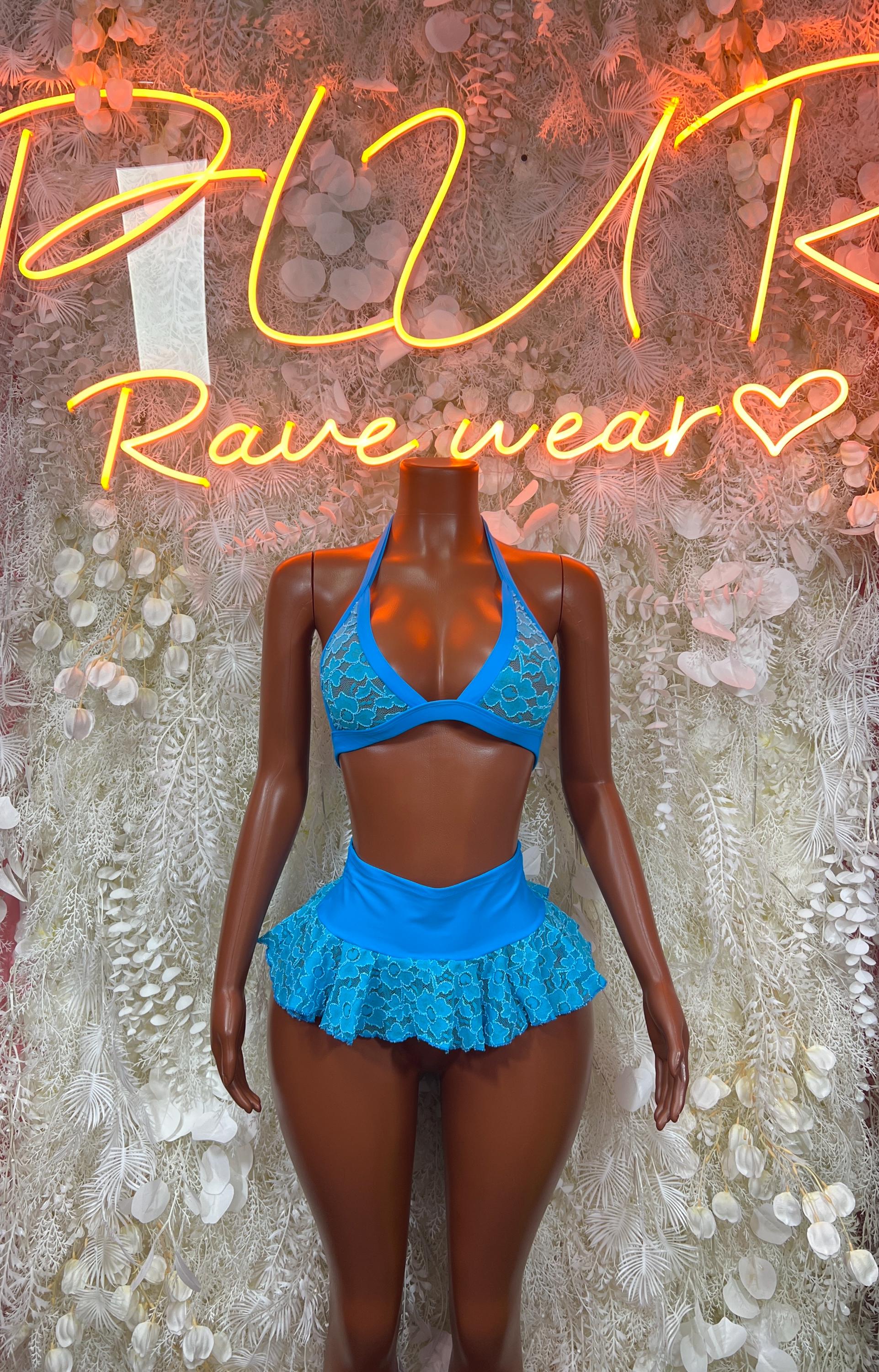 Blue two-piece skirt set with lace halter bra and layered mini skirt, front view