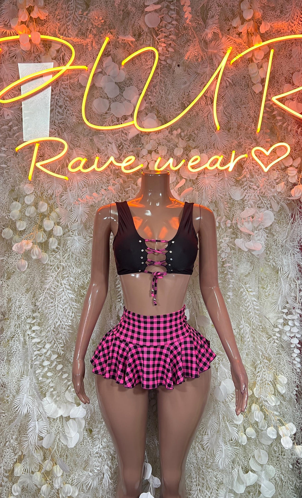 Pink plaid mini skirt with black lace-up bra top, rave dance set