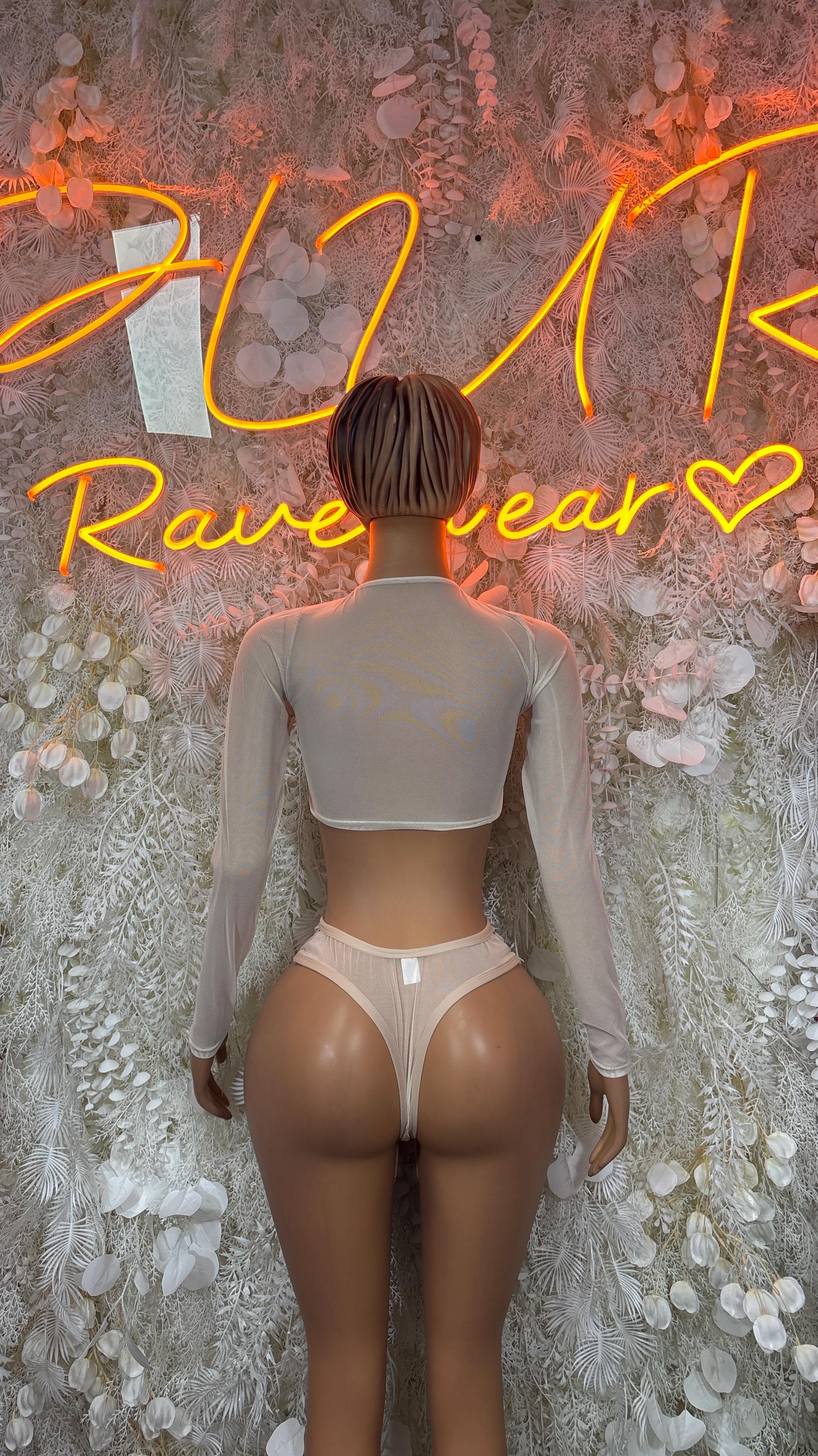 Nude mesh dance set back view: long-sleeve crop top and high-cut briefs with ties.