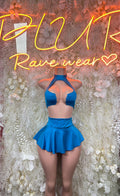 Blue halter crop top and flared skirt set with back tie