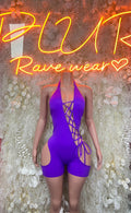 Purple one-piece rave outfit with lace-up front cutout and tie straps