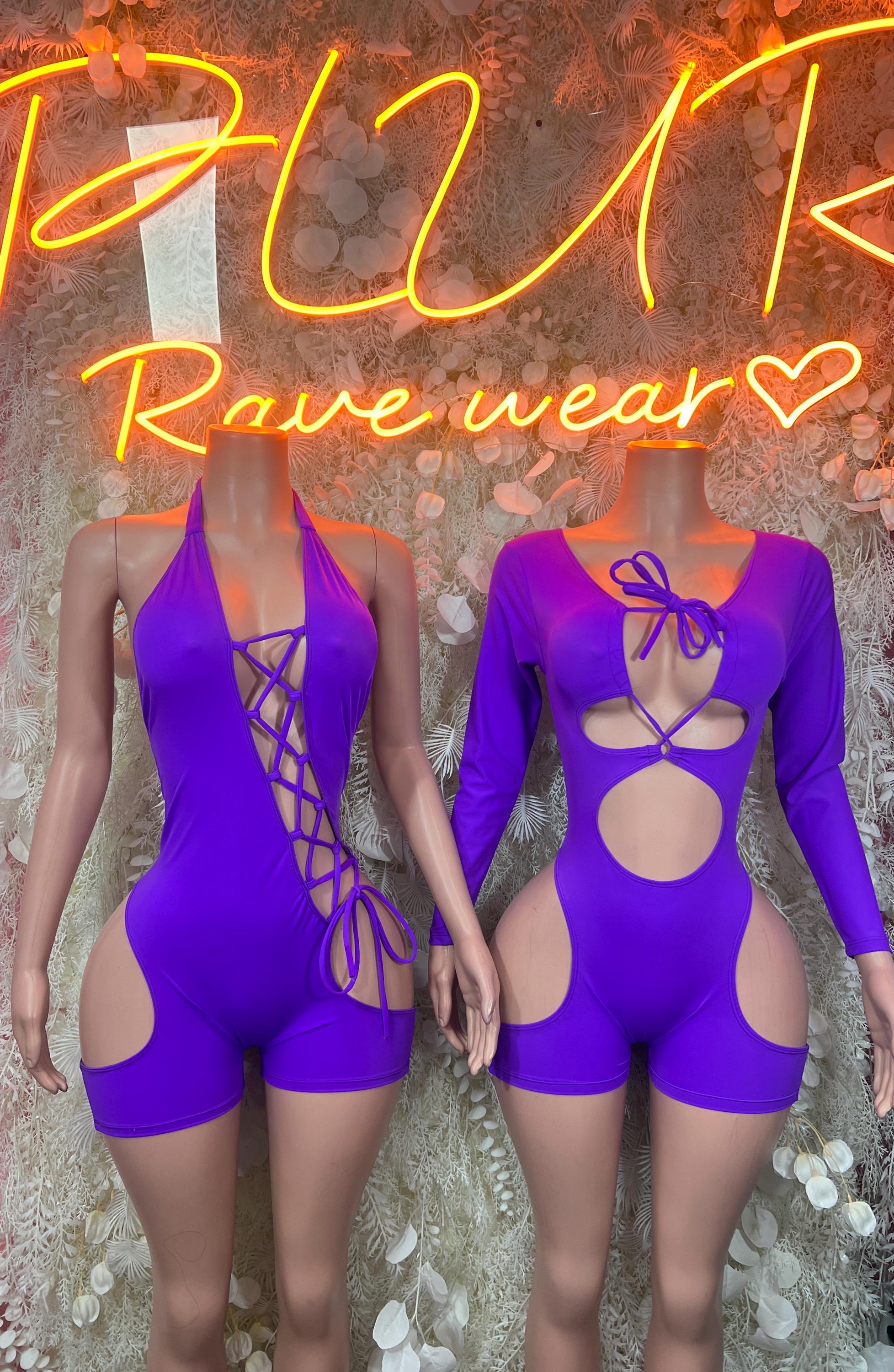 Purple one-piece rave outfit with long sleeves, tie detail and open back cutout