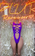 Purple rave bodysuit with crisscross lace-up front and high-cut cheek coverage