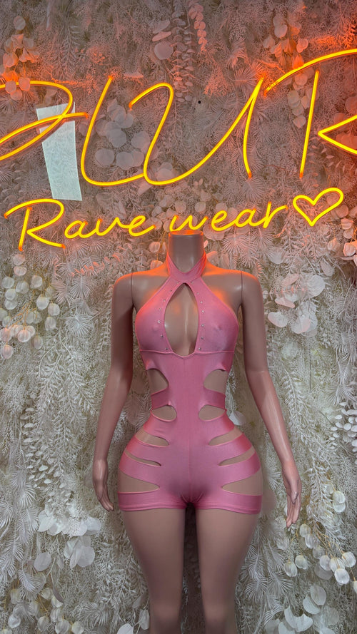 Baby pink cutout bodysuit with halter neckline, chest keyhole and cheeky fit