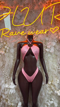 Baby pink halter bodysuit with bow tie at chest and high-cut bottom