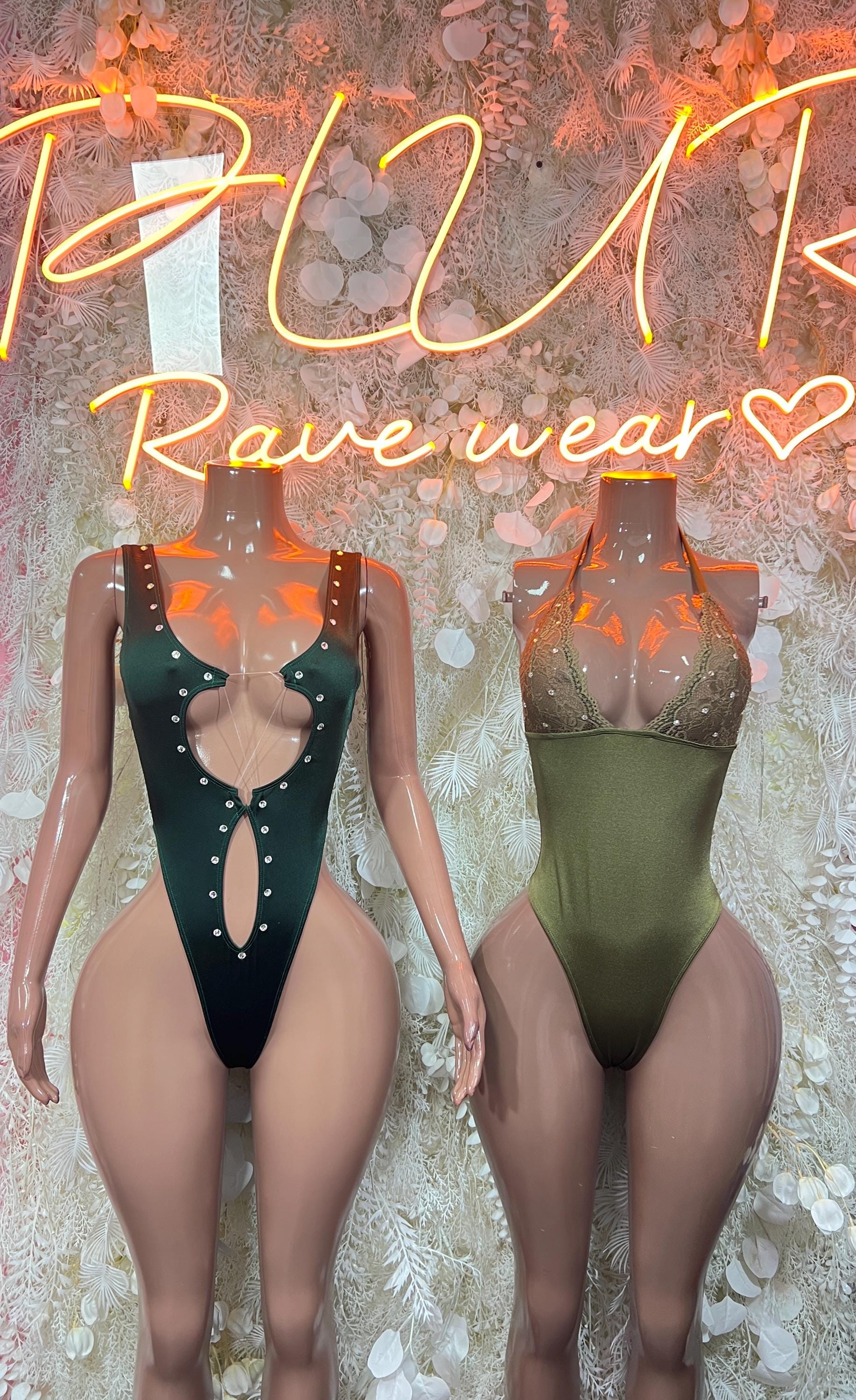 Forest green one-piece dancewear with studded V-cut front and high-cut legs