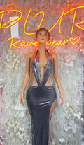 Women’s metallic silver halter maxi dress with plunging neckline and long slit
