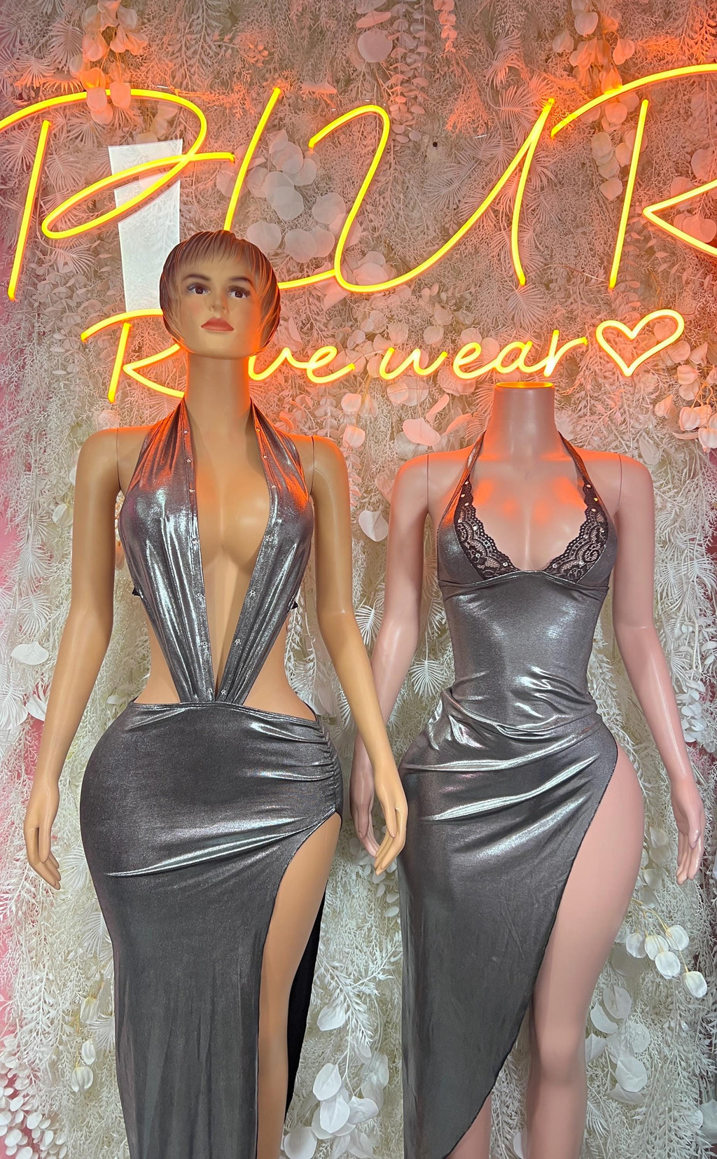 Silver metallic bodycon gown with lace-trim V-neck, front cutout and high slit