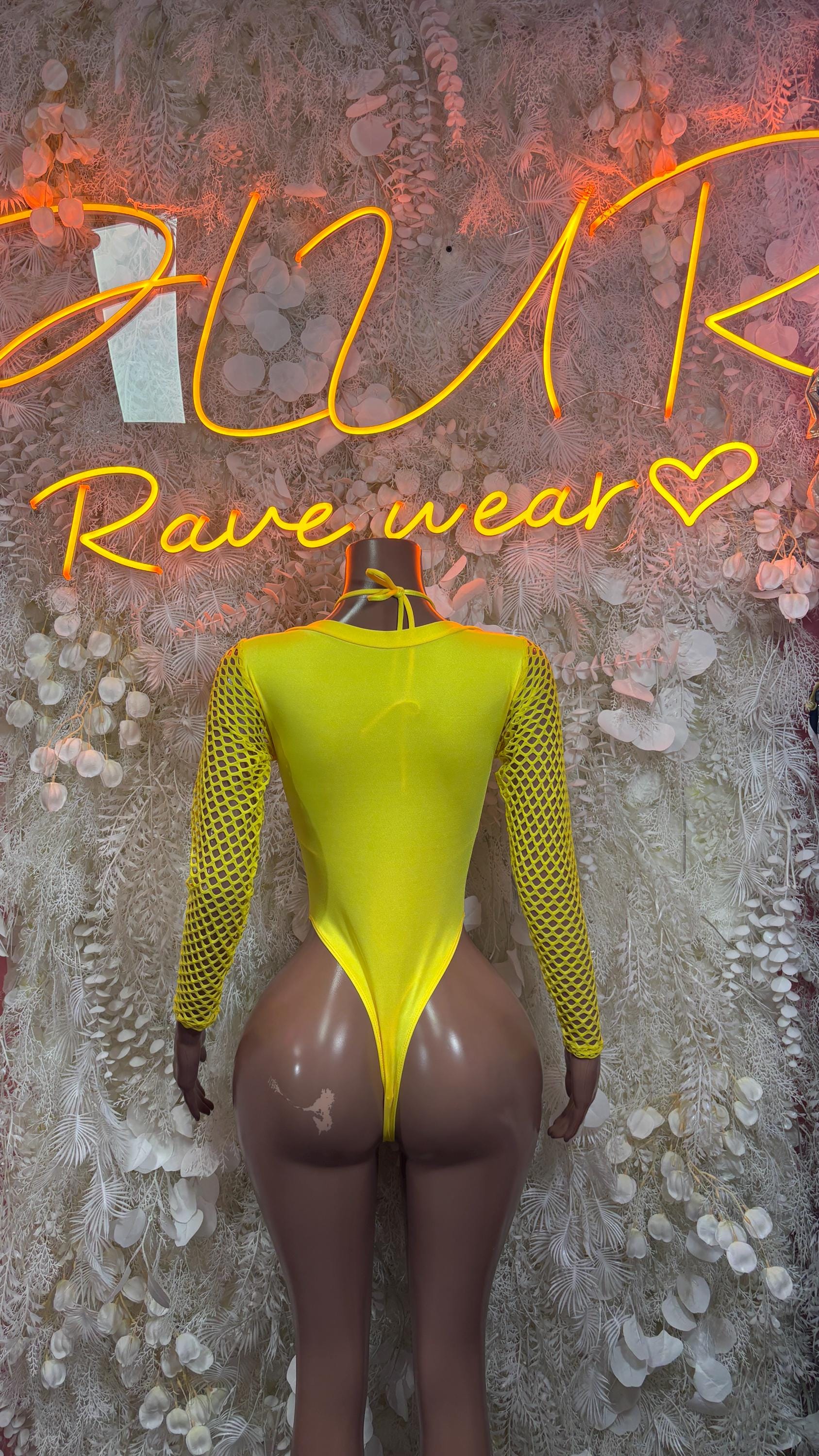 Yellow metallic bodysuit with front lace-up, plunging neckline, long mesh sleeves