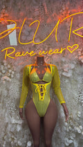 Yellow metallic bodysuit with crisscross lace-up chest and long mesh sleeves