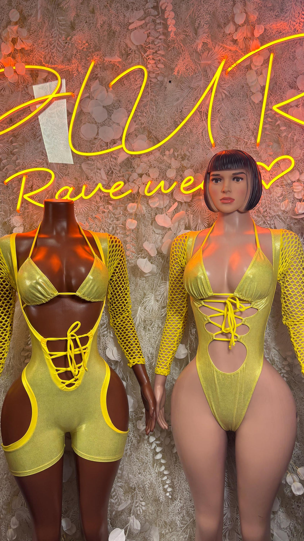Metallic yellow rave bodysuit with deep V neckline and lace-up detail