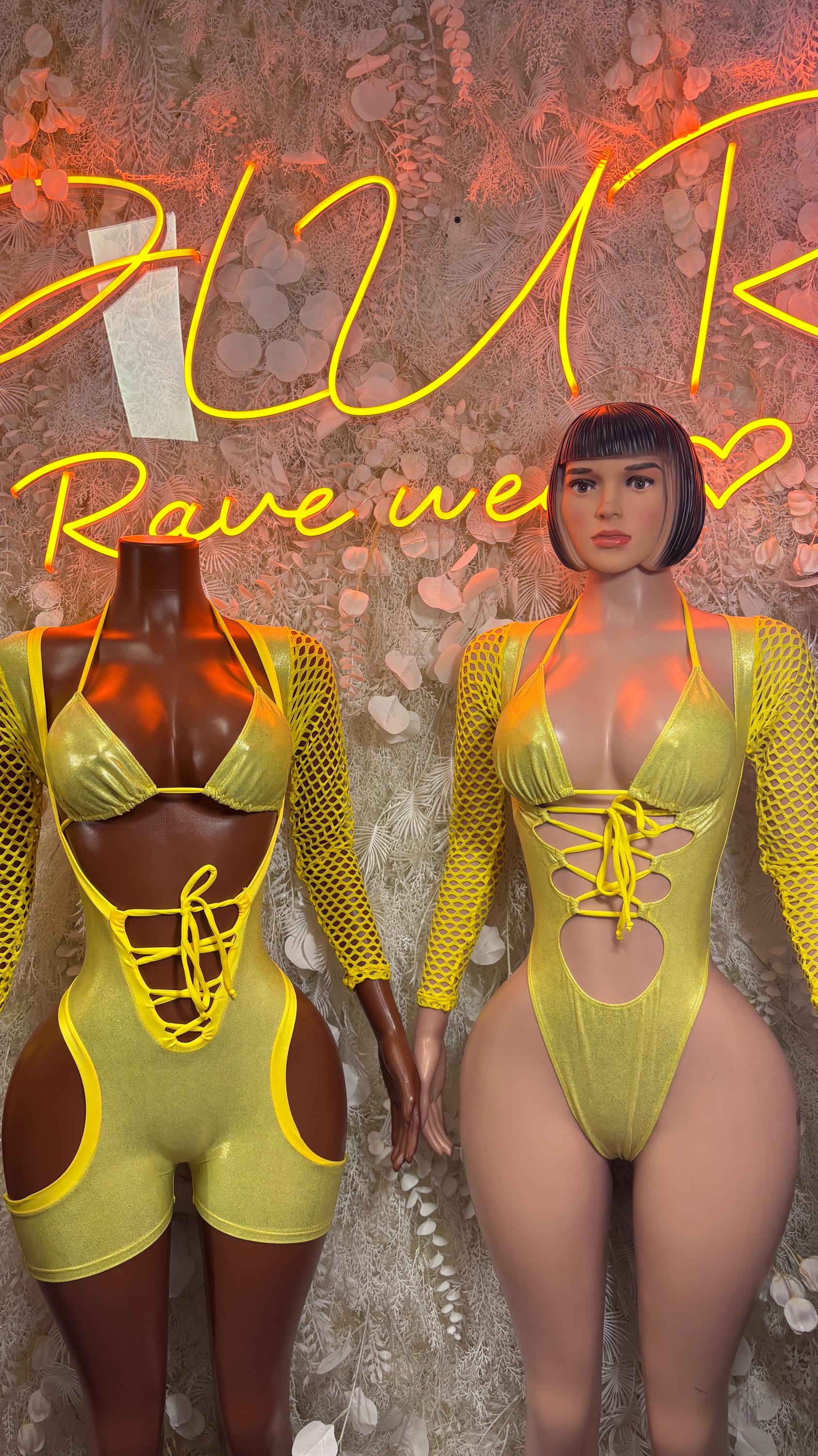 Metallic yellow rave bodysuit with deep V neckline and lace-up detail