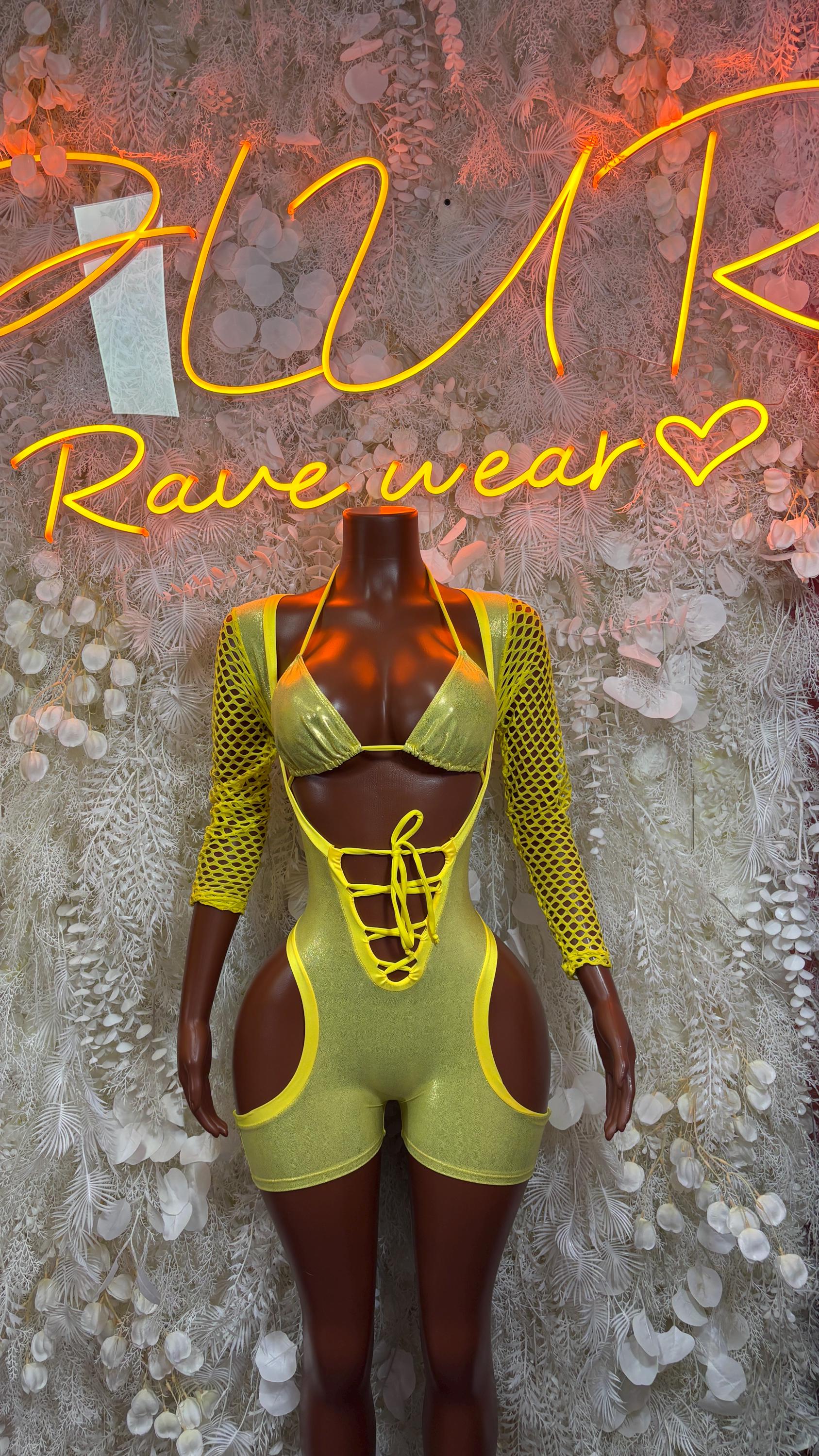 Metallic yellow rave bodysuit with lace-up front and mesh sleeves